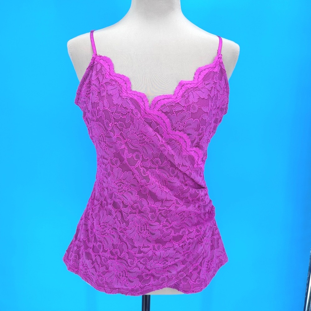 Boston Proper Womens Magenta‎ Floral Lace Wrap Cami Top Ruched Scalloped Size M